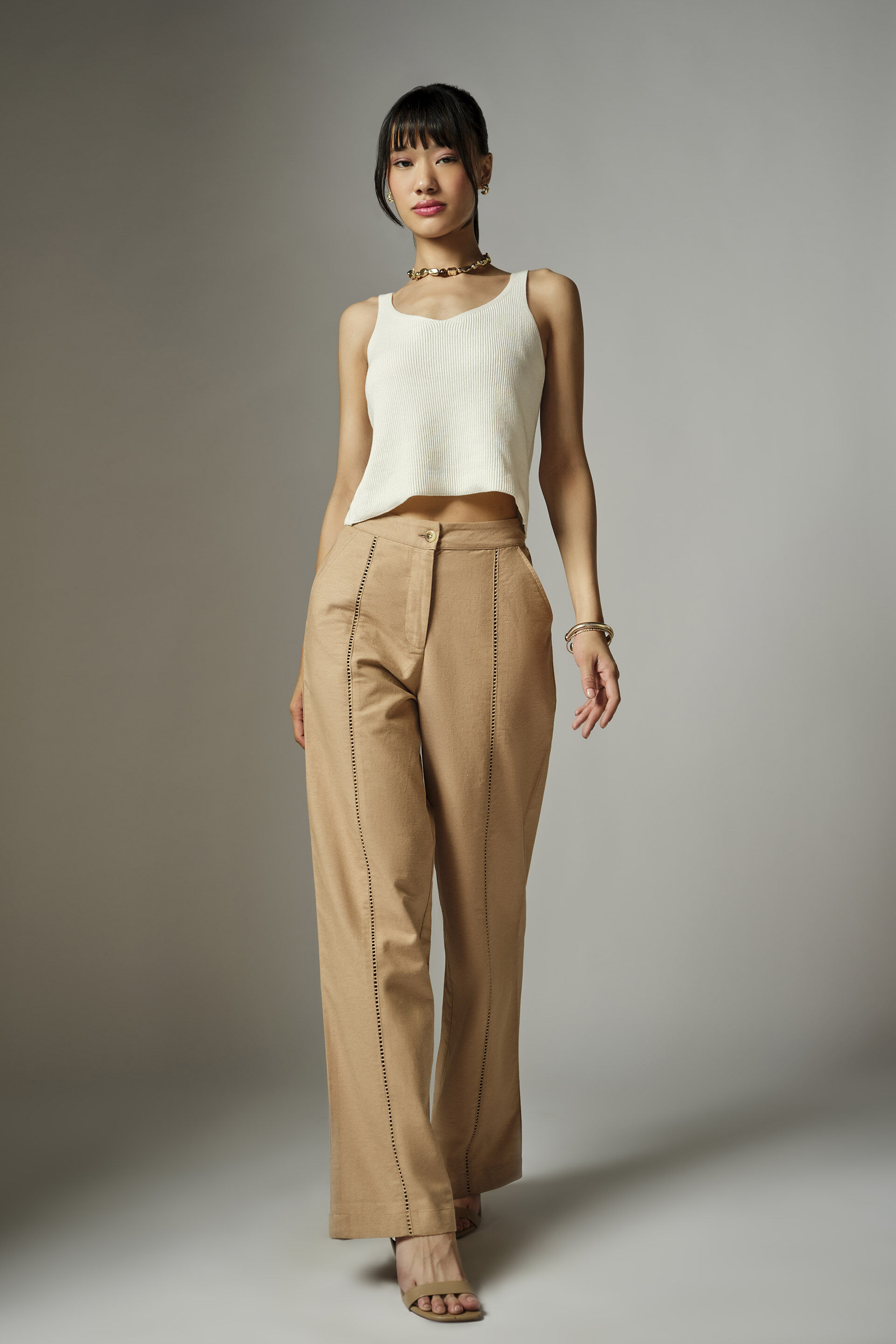 Beige Tapered Fit Trousers, Brown, image 4